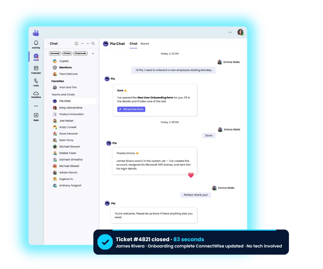 Pia Chat resolving a ticket inside Microsoft Teams