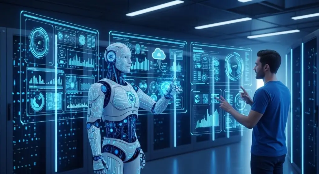 A,Vibrant,,Futuristic,Ai,Operations,Lab,Featuring,A,Lifelike,Humanoid